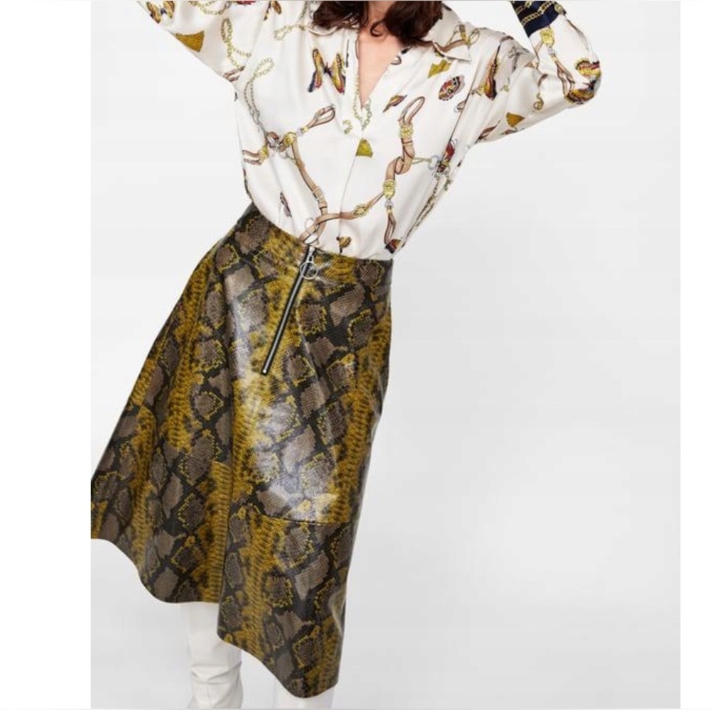 Zara Faux Leather Snake print A line Midi Skirt